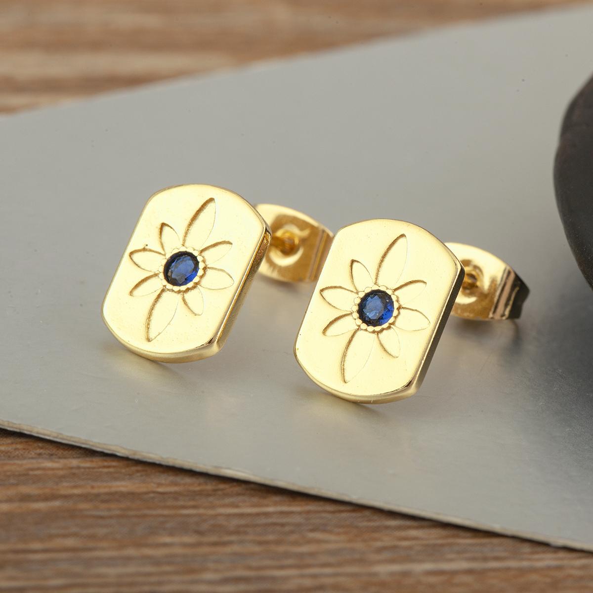 Nidin Hot Sale Rectangular Shape Smooth Carving Flower Pattern Stud Earrings For Women Simple Fashion Ear Jewelry Accessories темно-синий