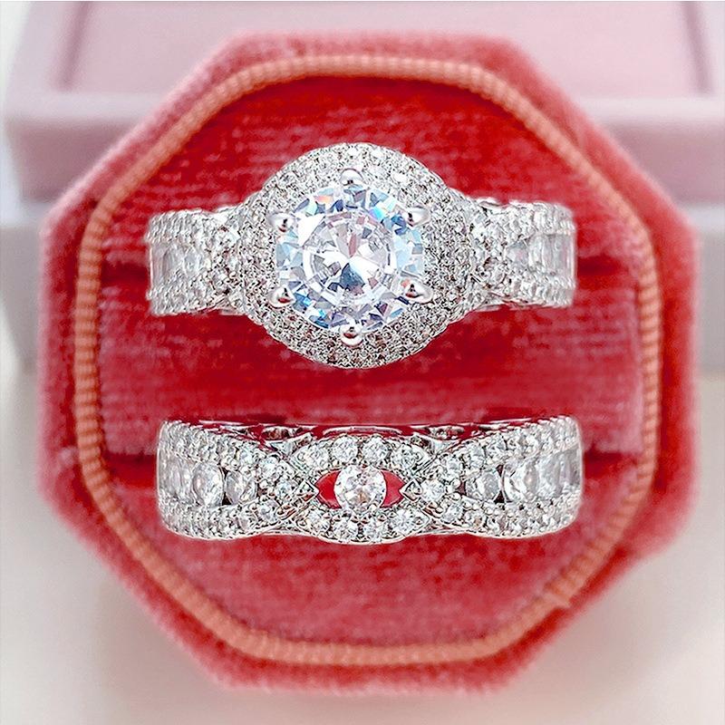 2Pcs/Set Fashion Copper Color Rhinestone Zircon Rings For Women Full Crystal Rings Wedding Engagement Jewelry Anniversary Gifts