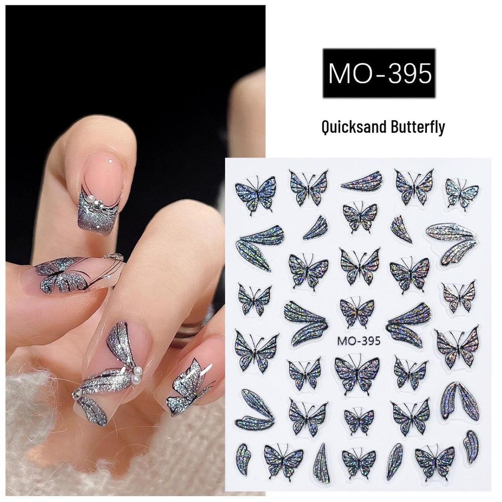 Xiaohongshu Best-Selling Butterfly Nail Stickers: Gold & Silver Cat Eye Quicksand Design.