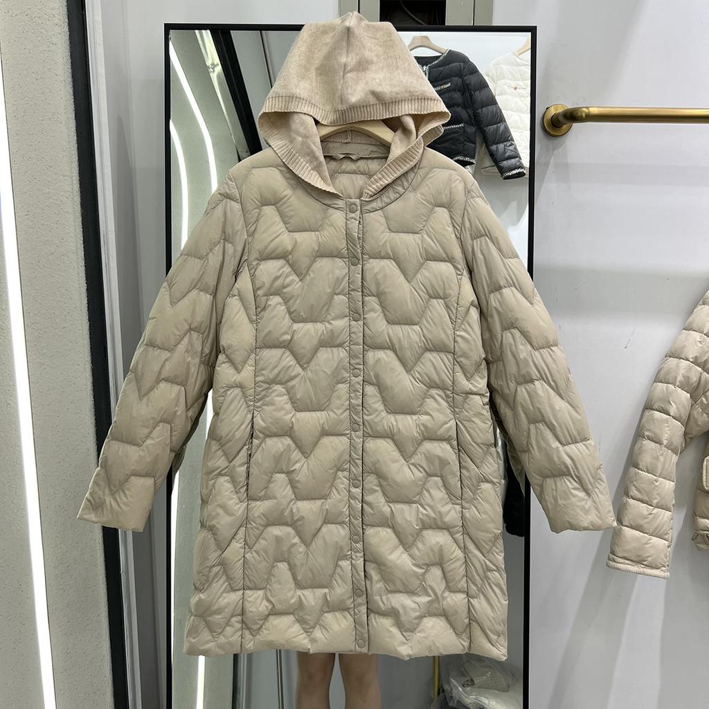 Autumn and winter light and thin hooded down jacket women's medium and long knitted hat collar splicing with coat light jacket