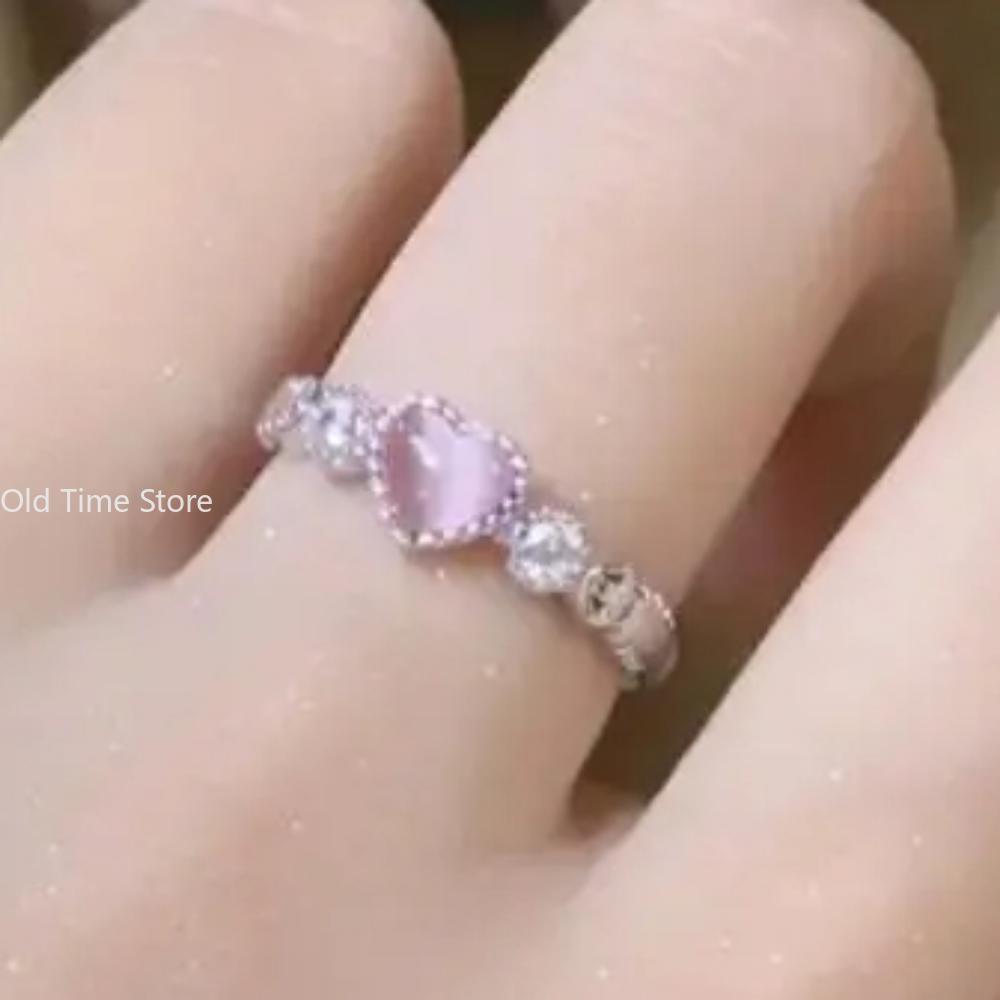 Trend Pink Love Heart Crystal Rings for Women Love Zircon Open Ring Irregular Aesthetic Girl Rings Jewelry