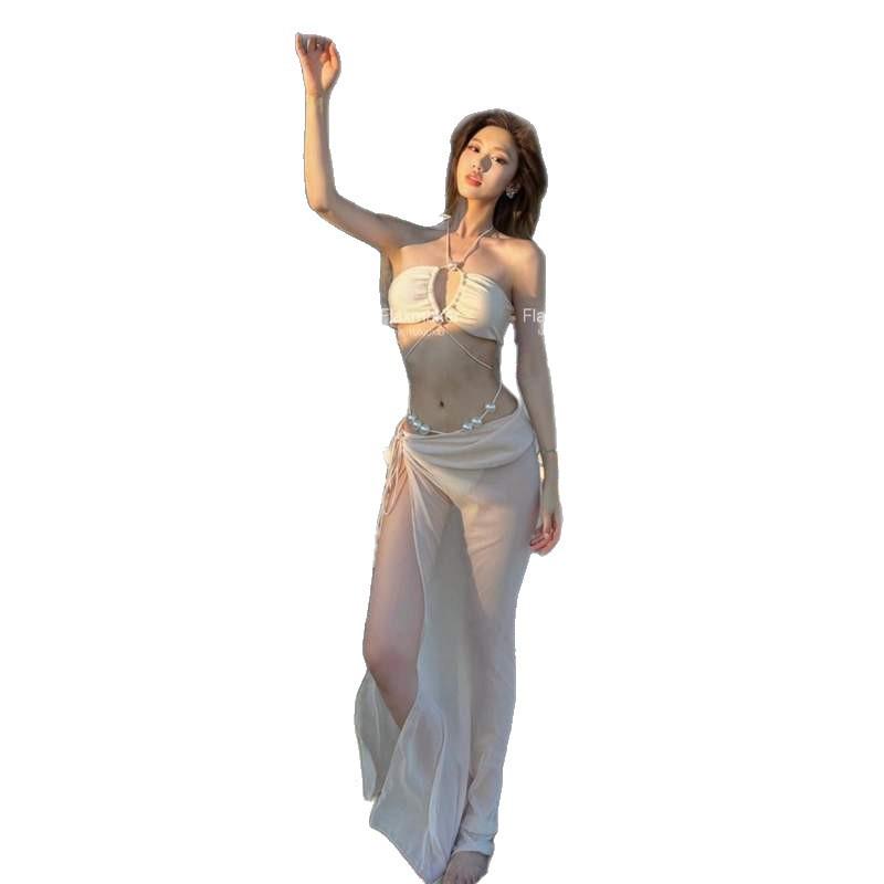 Island vacation pure desire sexy tube top pearl straps premium bikini split long dress three-piece swimsuit