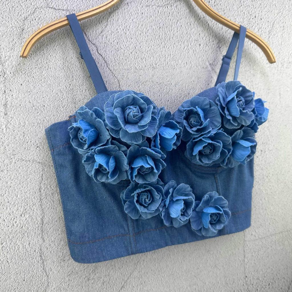 Denim Fishbone Strapless Short Tank Top with Built-in Padding and Floral Design Outerwear Base Layer Halter Neckline French Bead-embellished Top Camis