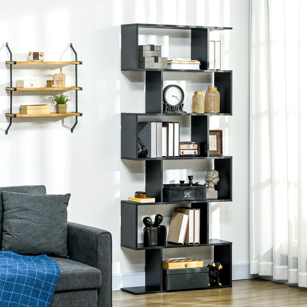 Zigzag Bookcase Shelf Contemporary Design 80L x 23W x 192H cm 6 Levels Black