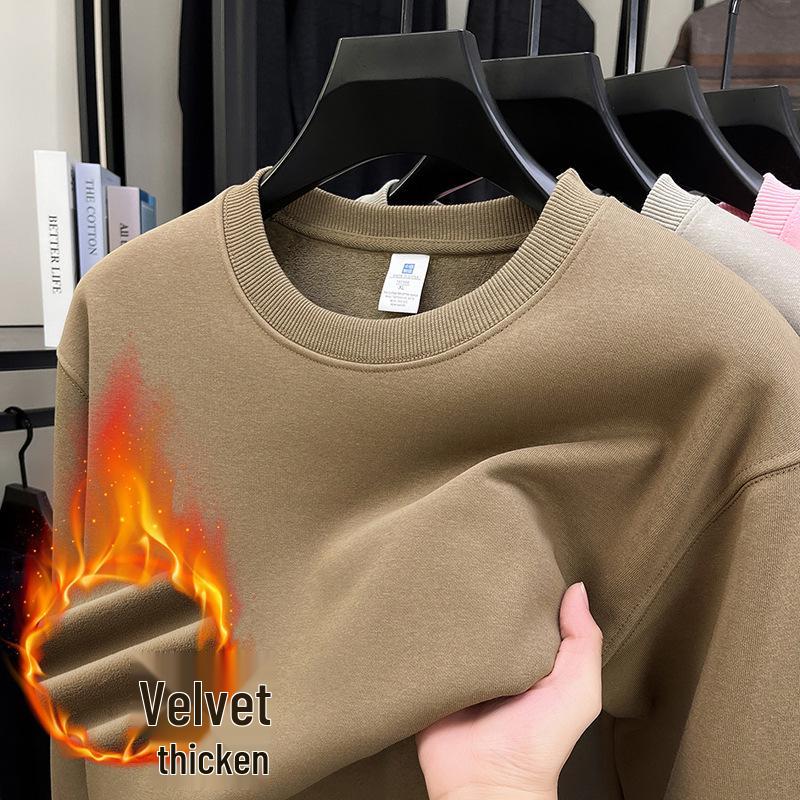 

Men s Plus Velvet Warm Hoodie Long Sleeve Round Neck Loose Plain Cotton T-Shirt 3XL (155-170 lbs)