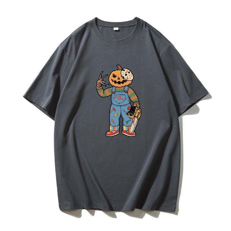 Halloween Retro T-shirt Men American Fashion Brand Loose Cotton Heavy Short-sleeved Round Neck Base Shirt