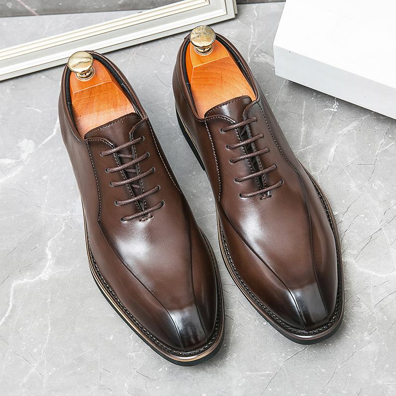 High-End Men's Brown Leather Shoes British Style Business Casual Heightening Spring Autumn Wear-Resistant Flat Heel Glue Bonding