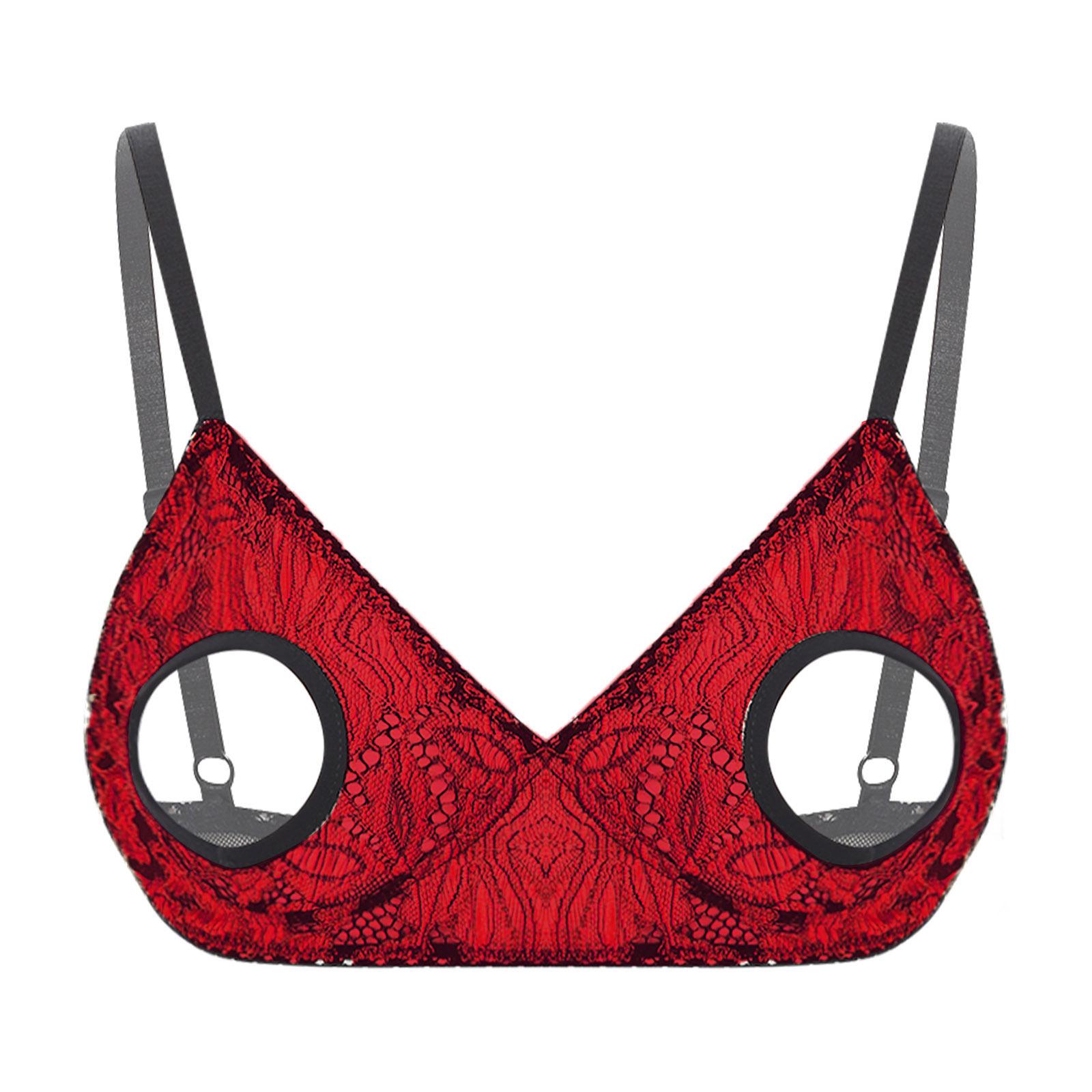 

Жіночий мереживний бюстгальтер з вирізом, регульованими бретелями, прозорий клубний одяг для сміливих вечорів 5XL червоний/чорний