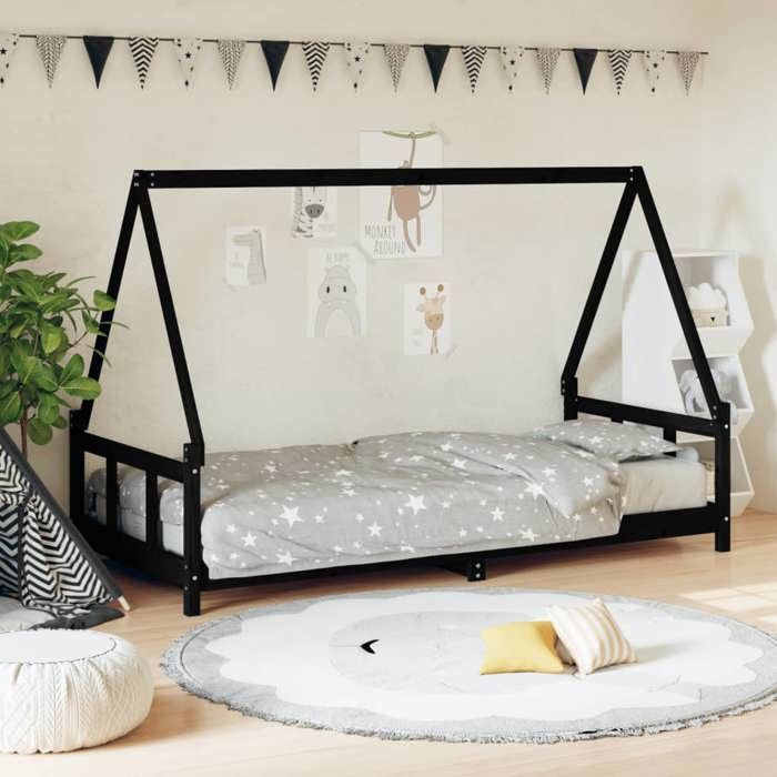 VidaXL Cadre de Lit pour Enfants, Lit Simple avec Sommier à Lattes, Meuble de Chambre à Coucher, Scandinave, Noir 90x200 cm 834455