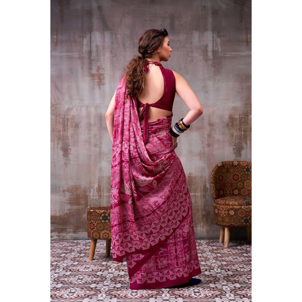 Elegance defined — draped in timeless grace with a floral & geometric printed saree that speaks style in every fold.