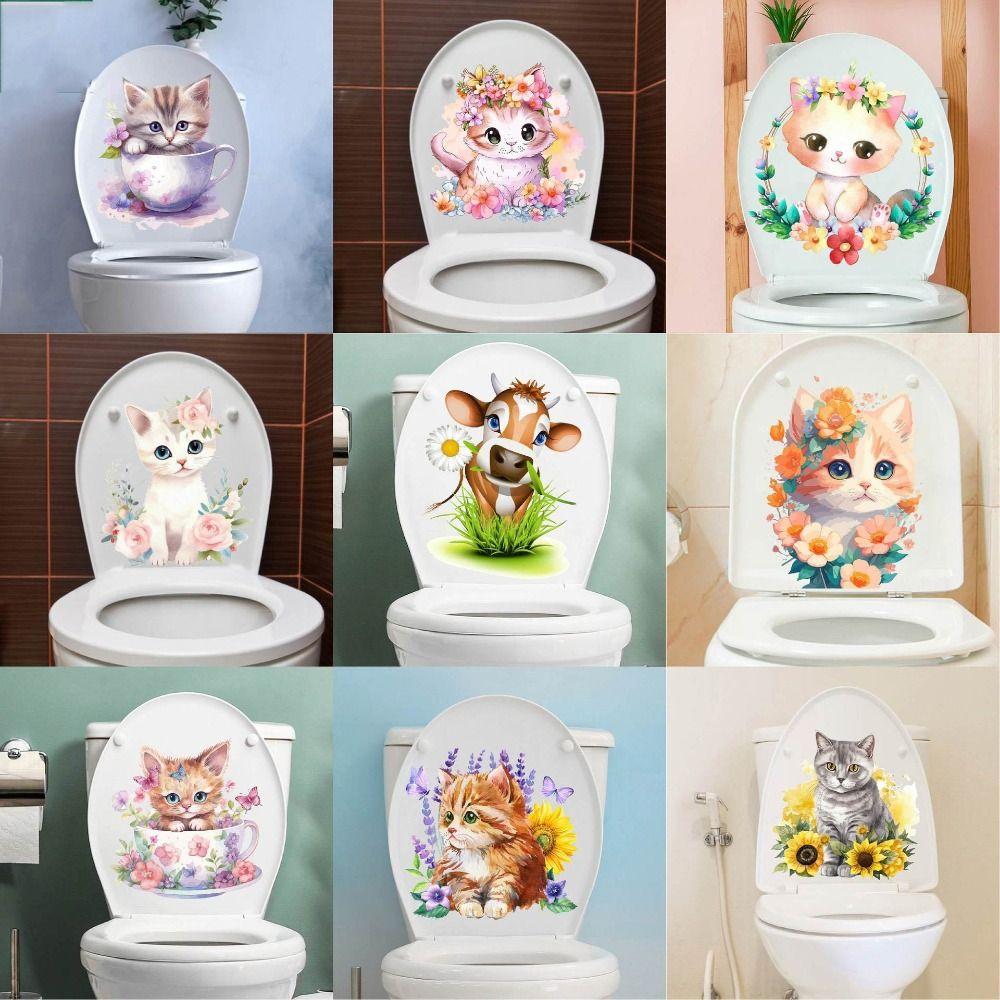 Cartoon Cat Toilet Sticke Self-adhesive Cartoon Bathroom Mural Cat Wall Decals  Decorative Sticker