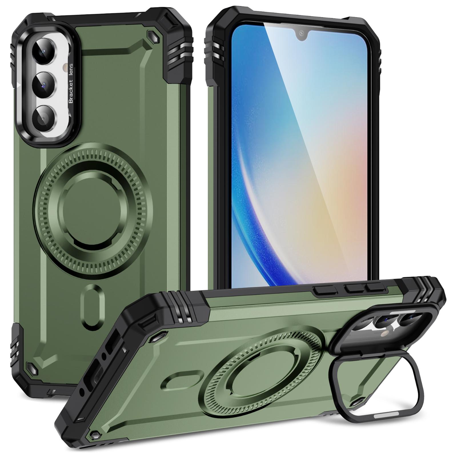 

For Samsung Galaxy A26 5G Case Compatible with MagSafe Metal Lens Frame Kickstand PC+TPU Mobile Cover Army Green