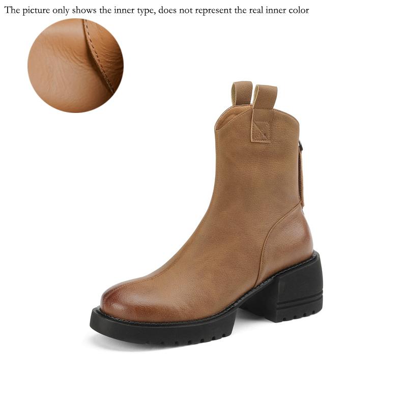 Fashion 2024 Winter Genuine Leather Women Boots Round Toe Chunk Heel Platform Shoes Solid Chelsea Boots Casual Women Shoes Green Boots