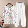 2 Pcs/Set Women T-shirt Pants Set Flower Print Elastic Waist Half Sleeves Round