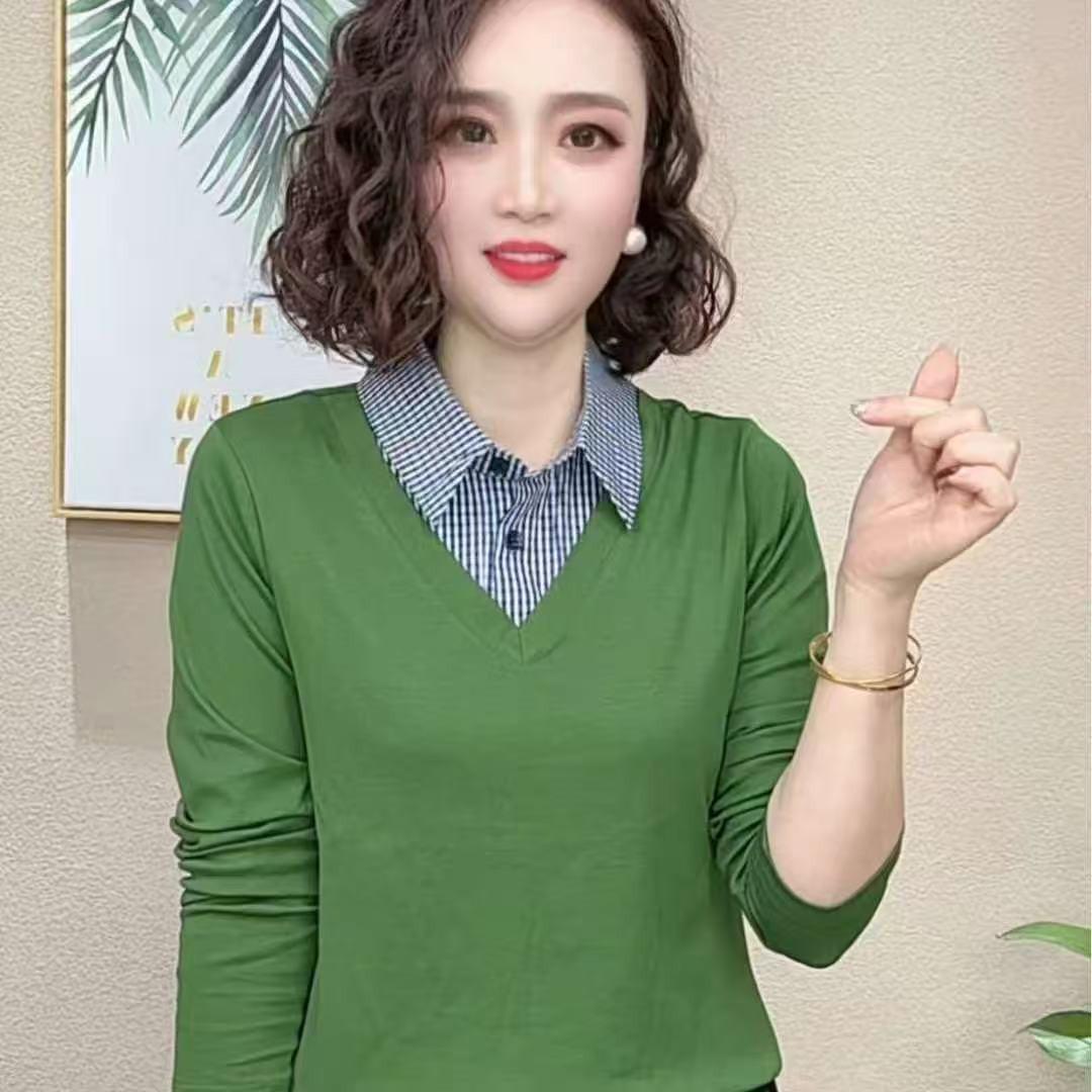

2026 Stylish Spring/Autumn Patchwork Lapel Shirt: Fashionable Color-Block Slimming Long Sleeve Versatile Top 4XL зелений