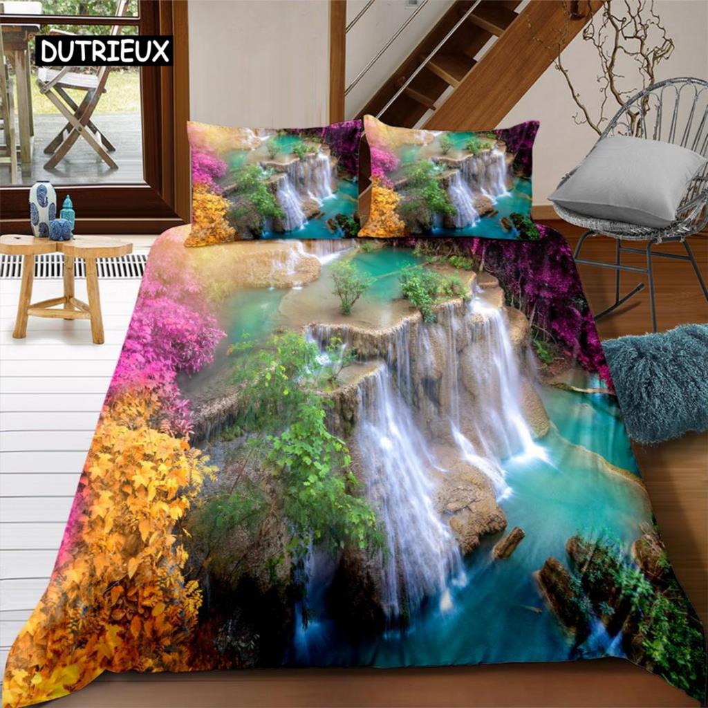 Landschaft Bettbezug Set Falsches Fenster 3D Druck Landschaft Bettwäsche Set Mikrofaser Landschaft Wasserfall Garten King Size Bettdeckenbezug