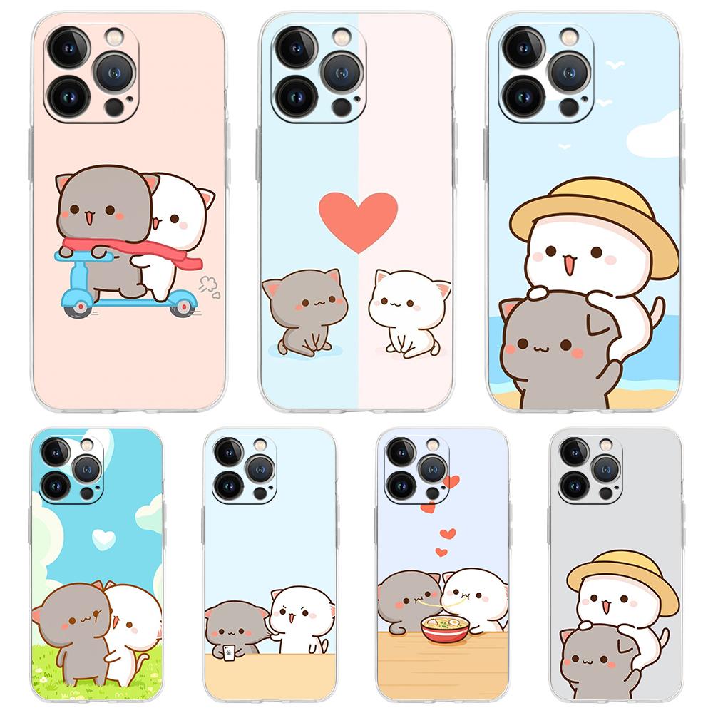 Cute Cartoon Cat Couple Luxury Phone Case For iPhone 16 15 14 13 12 11 Pro Max XS X XR SE 7 8 Plus soft Silicone Clear Cover