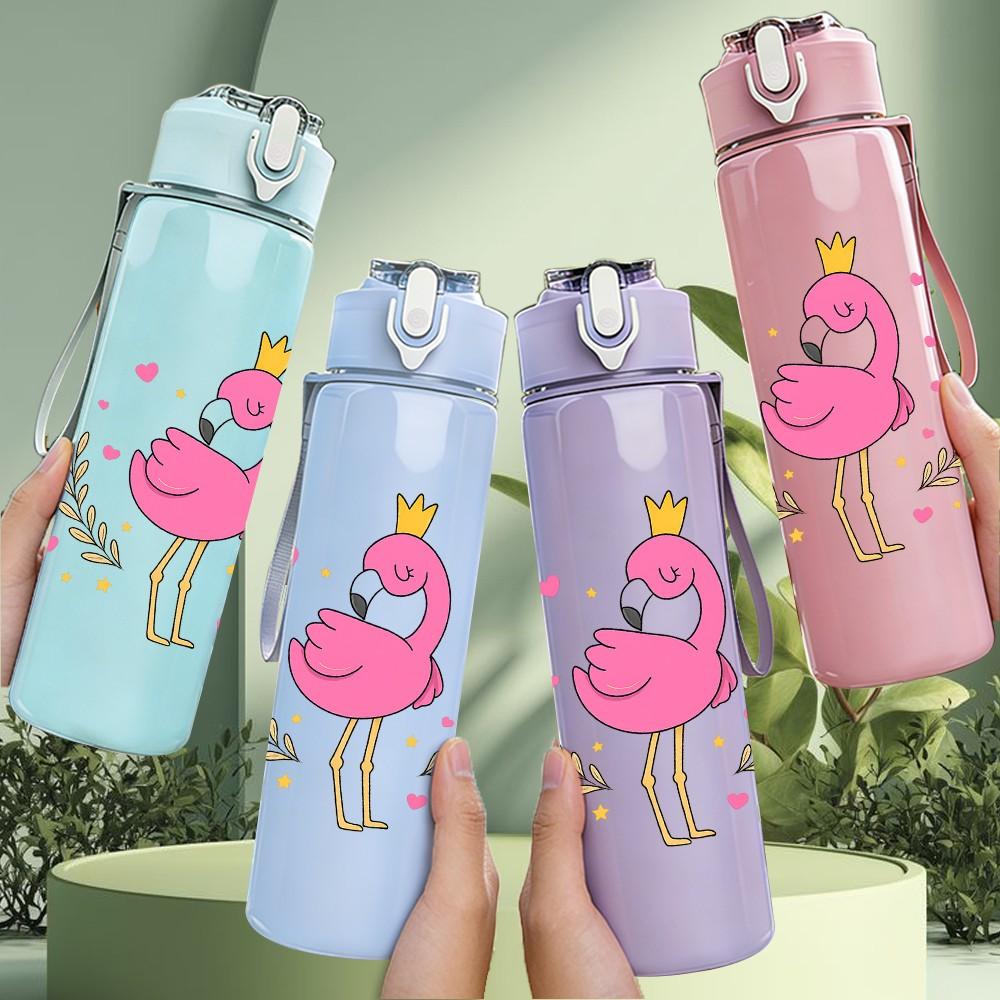 1PC Pink Crown Flamingo Cartoon 750ml Color Plastic Sports Water Bottle Leakproof Flip Straw Lid Suitable for Sports Office Home Use