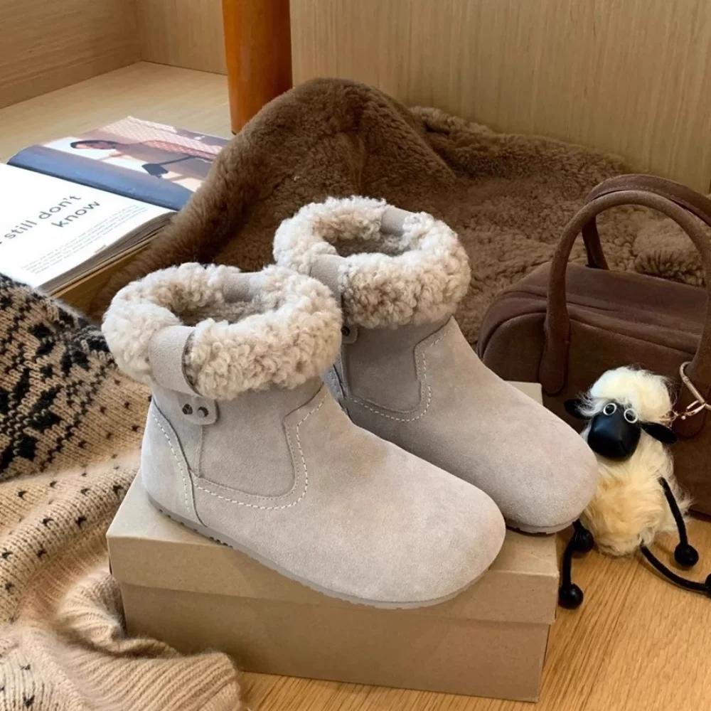 Women's Boots Faux Fur Flat Ankle Mid-Calf Cowhide Vintage Buckle Boots Cotton Shoes for Women