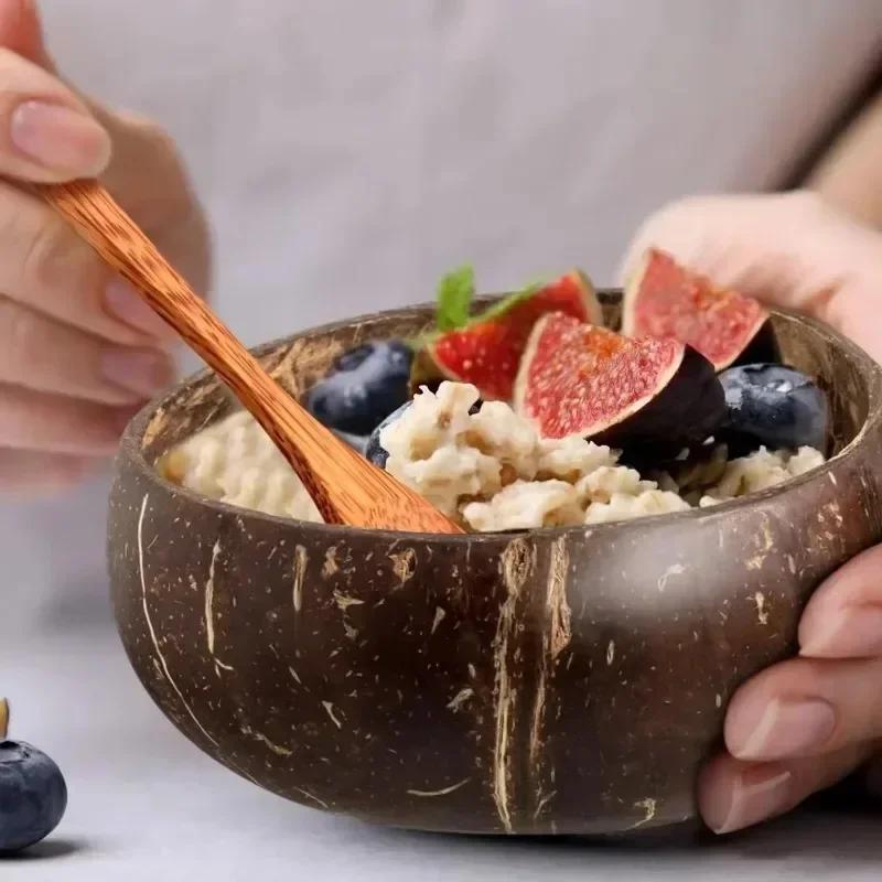 Natural Coconut Bowls Sets Reusable Coconut Bowls And Wooden Spoon For Dessert Yogurt Fruit Salad Smoothie Kitchen Tableware