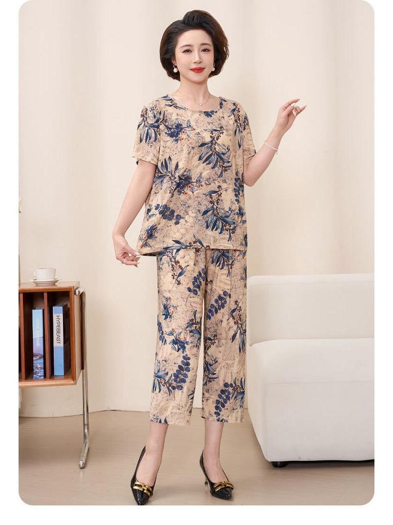 Women's Plus Size Ice Silk Pajama Set: Casual Short Sleeve Two-Piece for Middle-aged and Elderly Moms