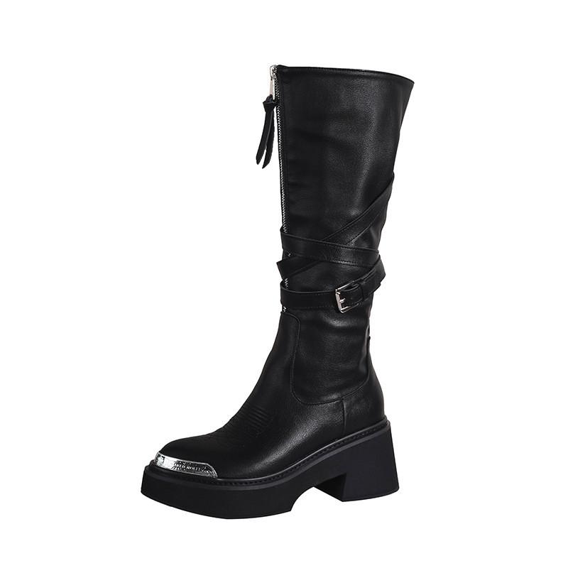 Fashion Autumn Winter Fashion Zipper Leather Women Knee-high Motorcycle Booties Casual Wedges Chunky High heels Knight Long Boots Shoes