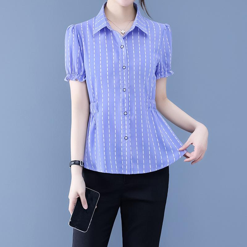 YYFS Women's Fashion Casual Summer Spring Stripe Print Short Sleeve POLO Neck Blouses & Shirts