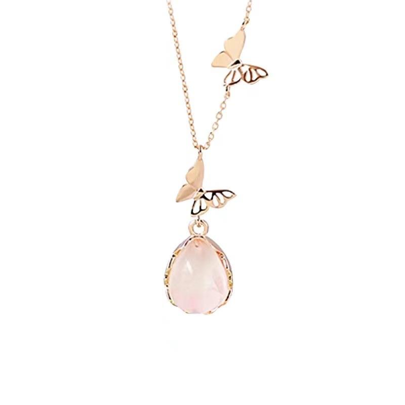 Pink chalcedony butterfly necklace women's light luxury simple temperament niche design sense exquisite versatile tide water drop collarbone chain