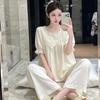 Pajamas Women's French Court Style Ice Silk Spring and Summer New Short-sleeved Trousers Lace Set Back Hollow with Chest Pad