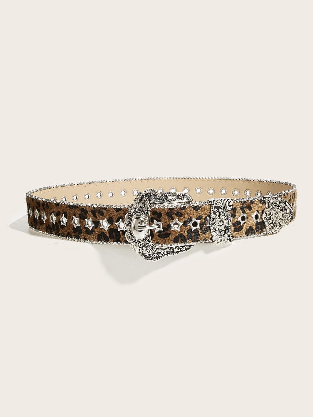 Fashion Leopard Print Metal Carved Buckle Decoration Women Casual Wide Belt For Street Fashion