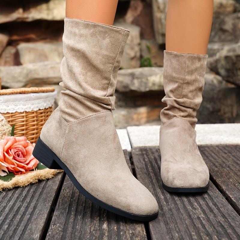 Plus Size Stack Boots Fashion Round Toe Suede Sleeve Soft Sole Anti-Slip Wear-Resistant Block Heel Booties