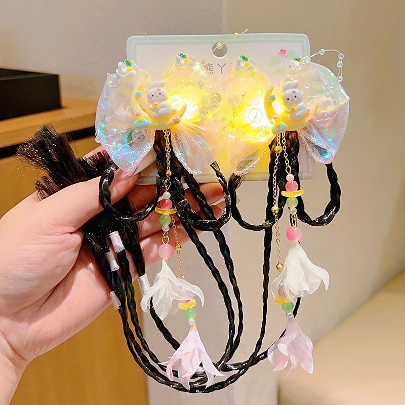 Jade Rabbit Bowknot Light-Up Hair Clip with Tassel for Girls - Hanfu Style