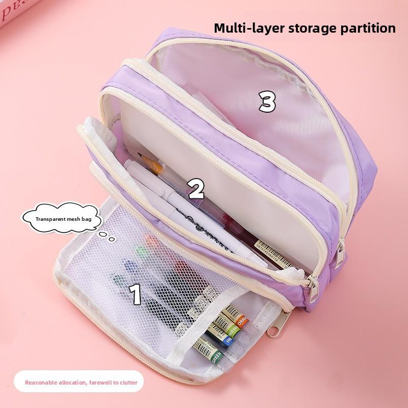 Basic Polyester Three Layer Pencil Case With Clear Window For Students And Office Use
