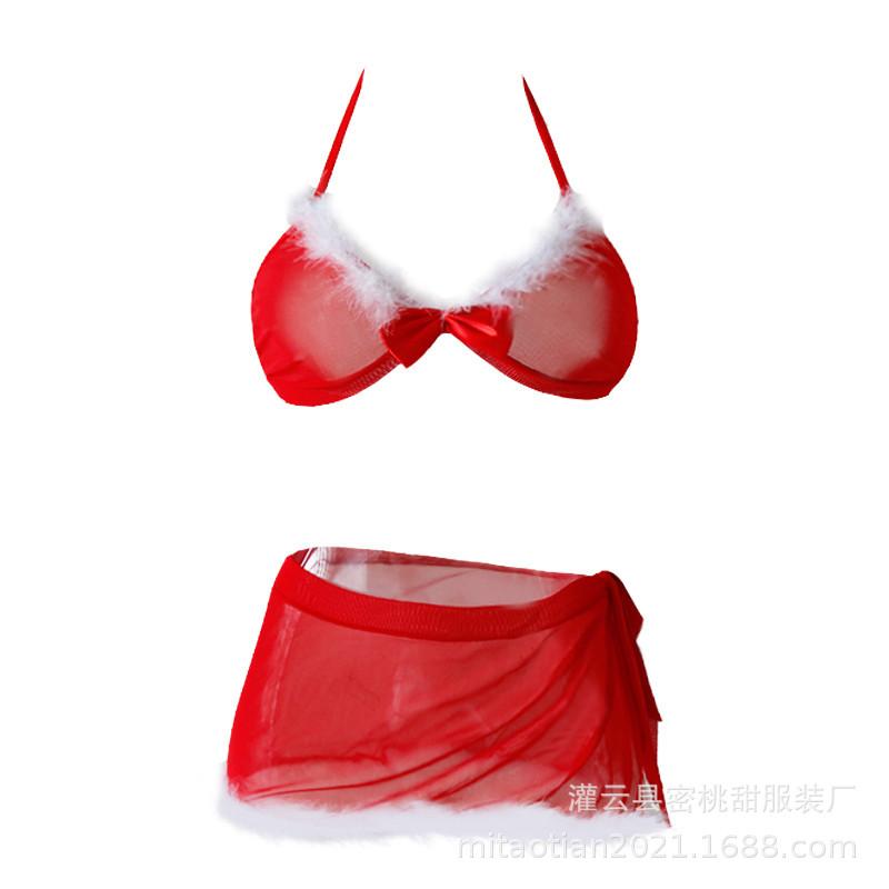 European & American Women's Sexy Mesh Christmas Lingerie Set: Bra & Mini Skirt.