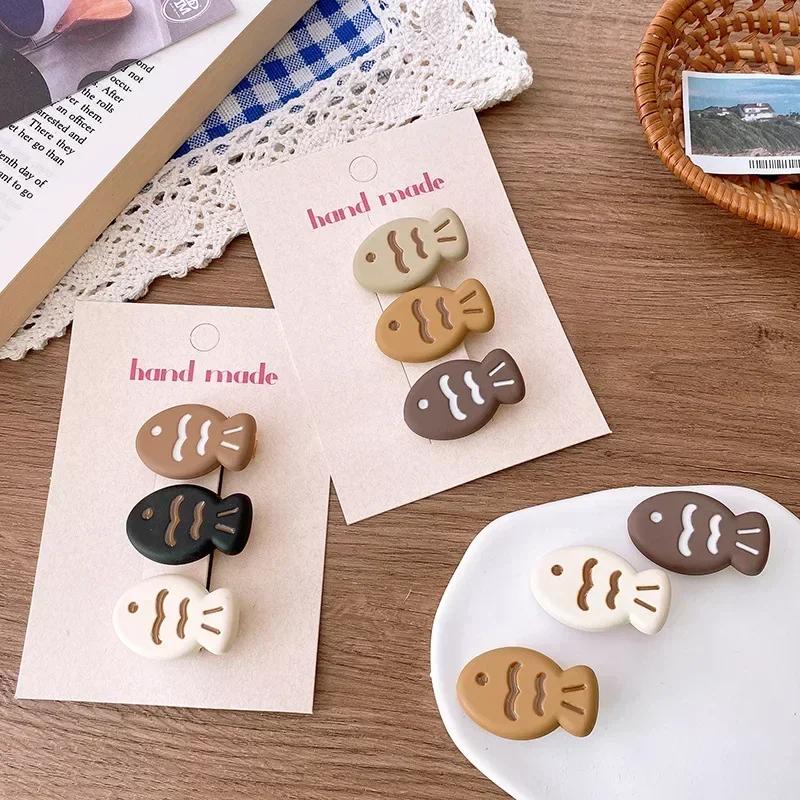 3pcs Instagram Cute and Funny Autumn and Winter Beige Coffee-colored Taiyaki Small Fish Hair Clips and Hair Accessories