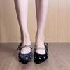 Slope Heel Shoes Summer Pointed Point Shallow Mouth Pointed Fabric Shallow Mouth Metal Chain Butterfly Knot Soft Soled Mid-heels