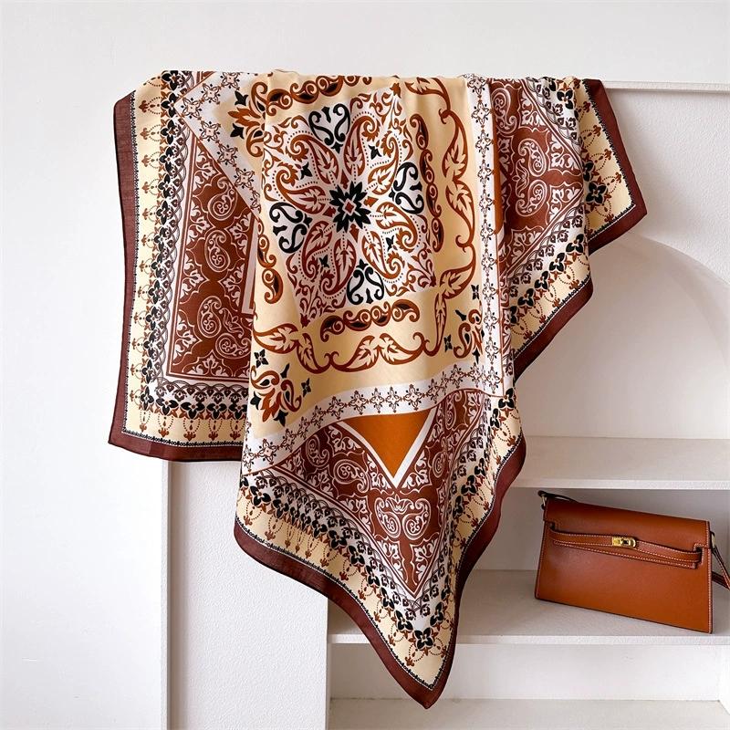 

90x90cm Vintage Blue Handkerchief Scarf For Women Small Shawl Imitation Silk Office Lady Square Scarves 90X90CM