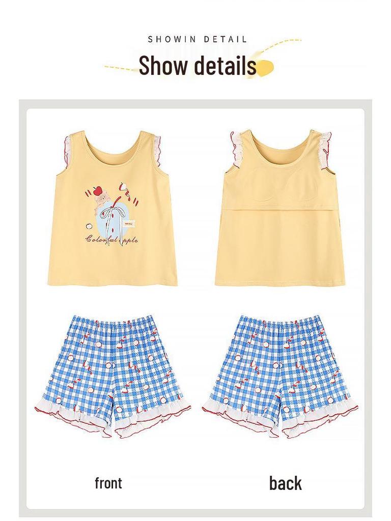 2026 Women's Summer Cotton Pajama Set with Built-in Bra, Cute Cartoon Tank Top & Shorts for Indoors and Outdoors