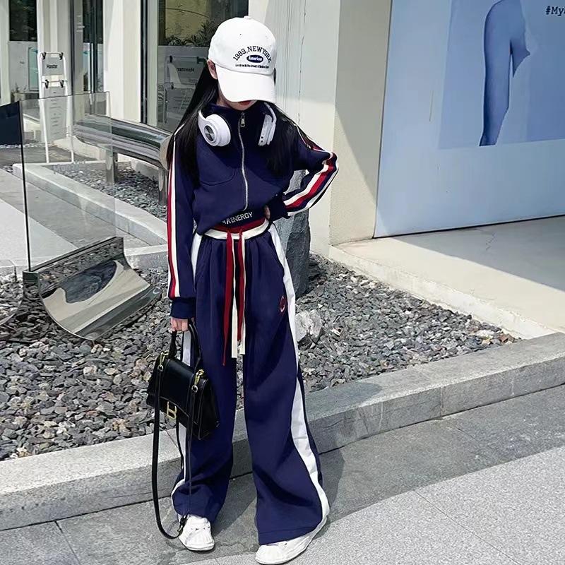 Modischer Freizeitanzug für Mädchen im Herbst, Kinder im Westernstil, kurzer Pullover, Strickjacke, Hose mit weitem Bein, zweiteiliger Anzug