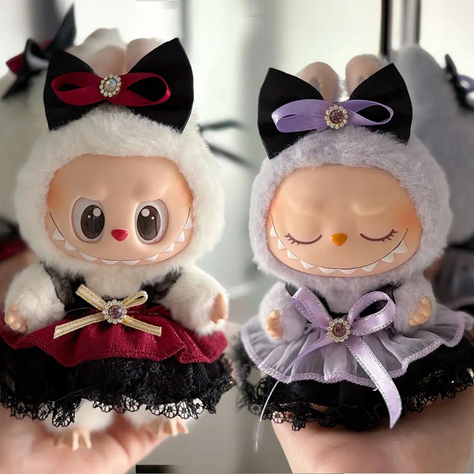 15/17cm Labubu Kleidung für Prinzessin Puffy Rock Spitzen-Unterkleid Krawatte Kopfschmuck 2 Stück/Packung Plüsch-Baumwollpuppe Dess Zubehör Geschenk