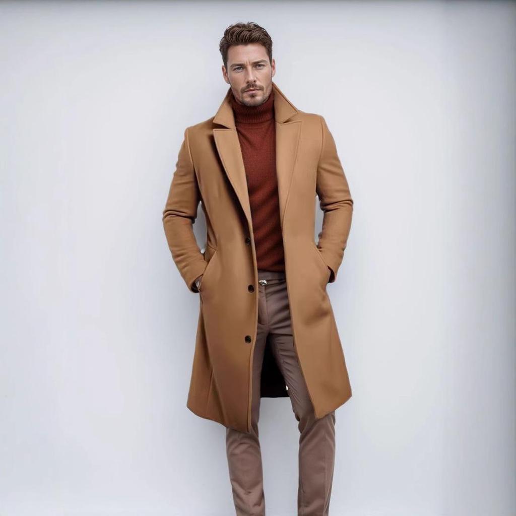 2025 European Men's Woolen Mid-Length Single-Breasted Fashion Overcoat