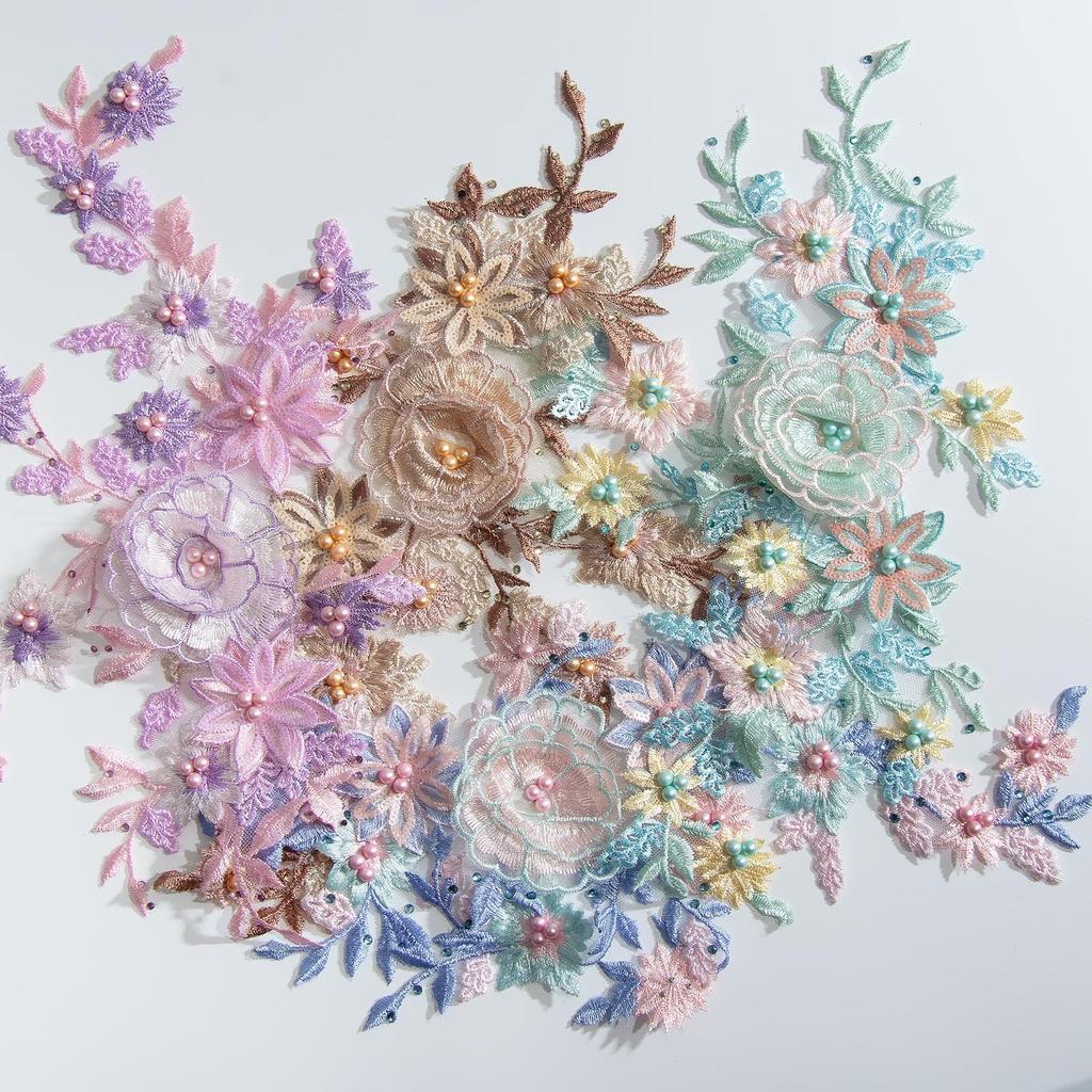 1Pcs Pink Purple Green Beaded Sequin Flower EmbroiderySewing Craft Lace Neckline Applique Trim Patch Repair Dress Bridal Gown Decor