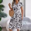 Women Summer V Neck Knee Length Pleated Print Belt Fashion Dress
