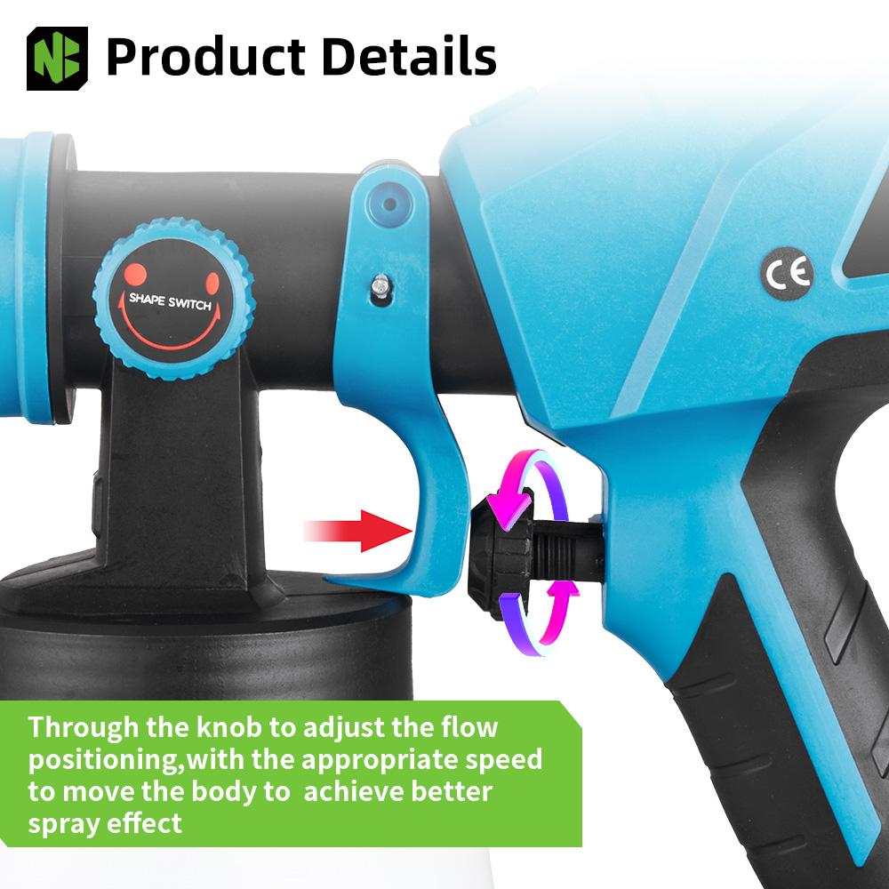 1000ML Pistol de pulverizare electric fără fir, portabil, de înaltă eficiență, pentru uz casnic, cu acoperire de oțel, pentru vopsit, pentru baterie de 18V