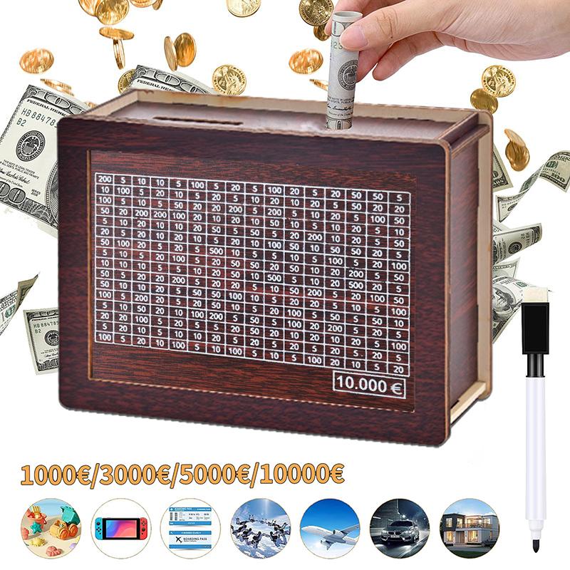 Wooden Piggy Bank Money Box Money Saving Binder 1000/3000/5000/10000 Reusable Money Box with Saving Goal Coins Savings Supplies