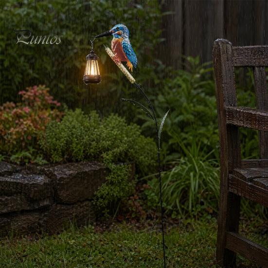 Decorative Solar Garden Stakes Kingfisher Stake Light, Metal Bird Yard Art with Hanging Lantern, Auto-On Landscape Lighting for Lawns LED Waterproof
