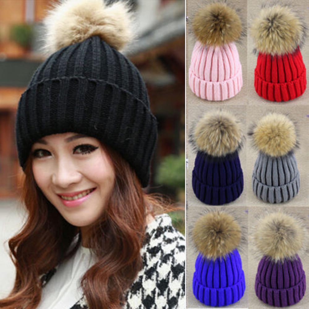 Large Raccoon Fur Ball Pom Beanie Cap 