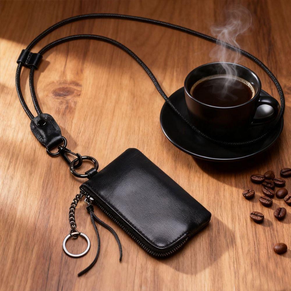 Vintage PU Hanging Neck Wallets Retro with Keychain Lanyard Card Holder Exquisite Soft Mini Coin Purse Gift