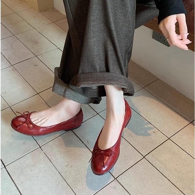 Grape Mother Of The Same Style, Oil Wax Horse Leather Ballet Shoes, Bow, Shallow Mouth, Not Tired Feet, Flat-Soled Single Shoes Women'S Egg Roll Shoes