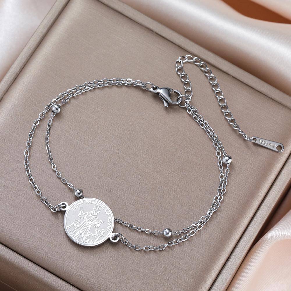 Dawapara Saint Francis of Assisi Coin Bracelet Catholic Patron Animal Advocate Gifts Stainless Steel Charms Religious Jewelry